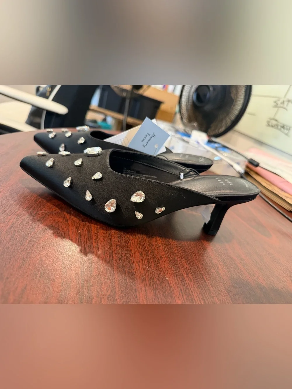 A New Day Black Rhinestone Memory Foam Pointed Toe Slip-On Kitten Heel Mules 7.5
